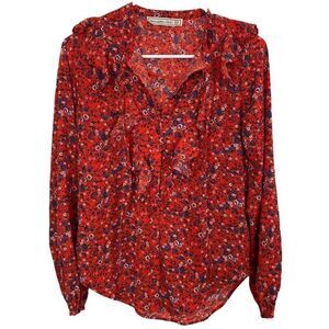 Abercrombie & Fitch Blouse Women XS Red Floral Ruffle V-Neck Long Sleeve